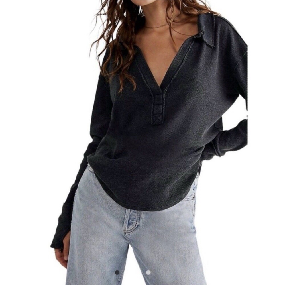 We the Free Top Women M BLK Anakin Thermal Waffle Collar Curve Hem Oversize Fade